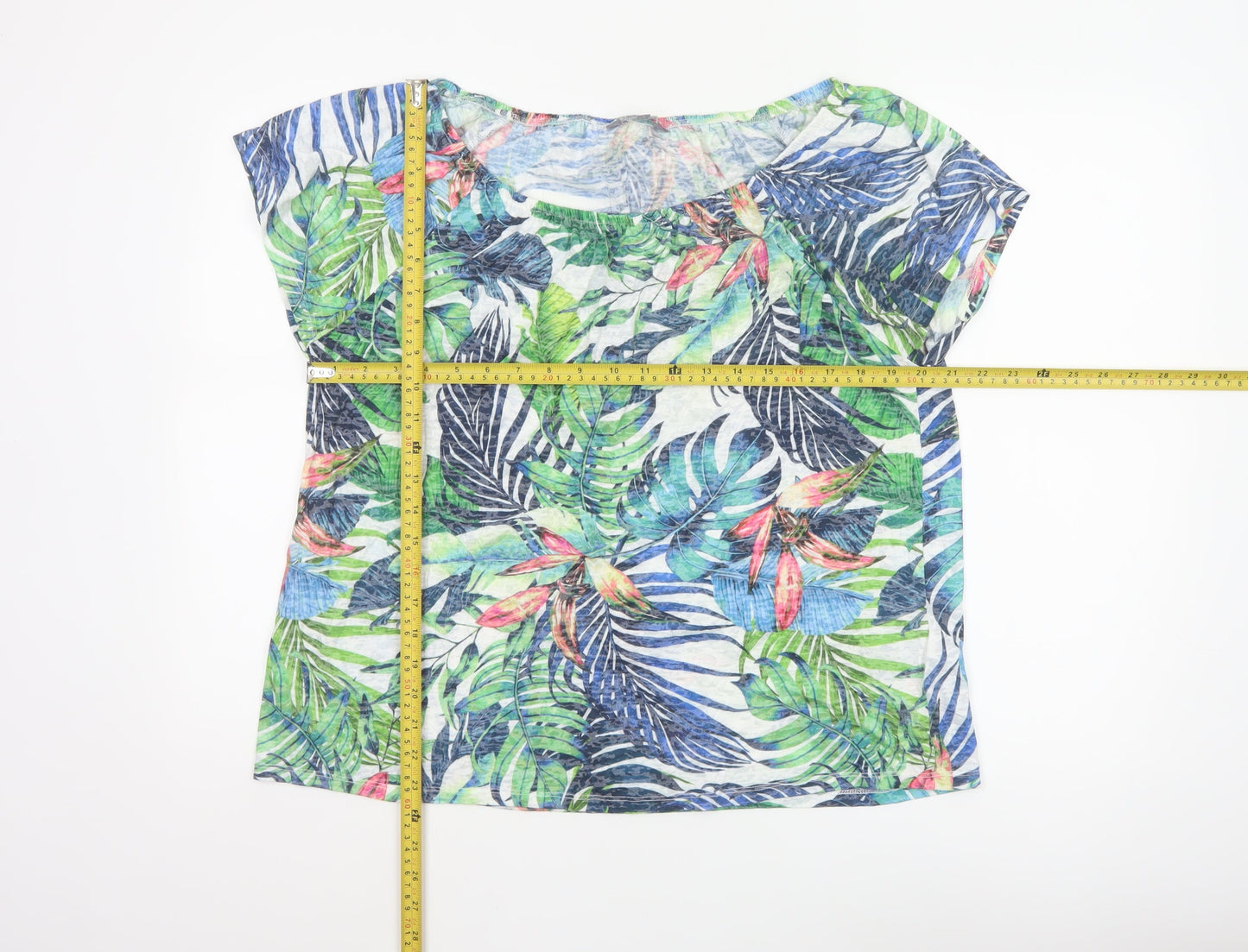 Principles Women Green Multi Leaf Print Short Sleeve Top Size 16