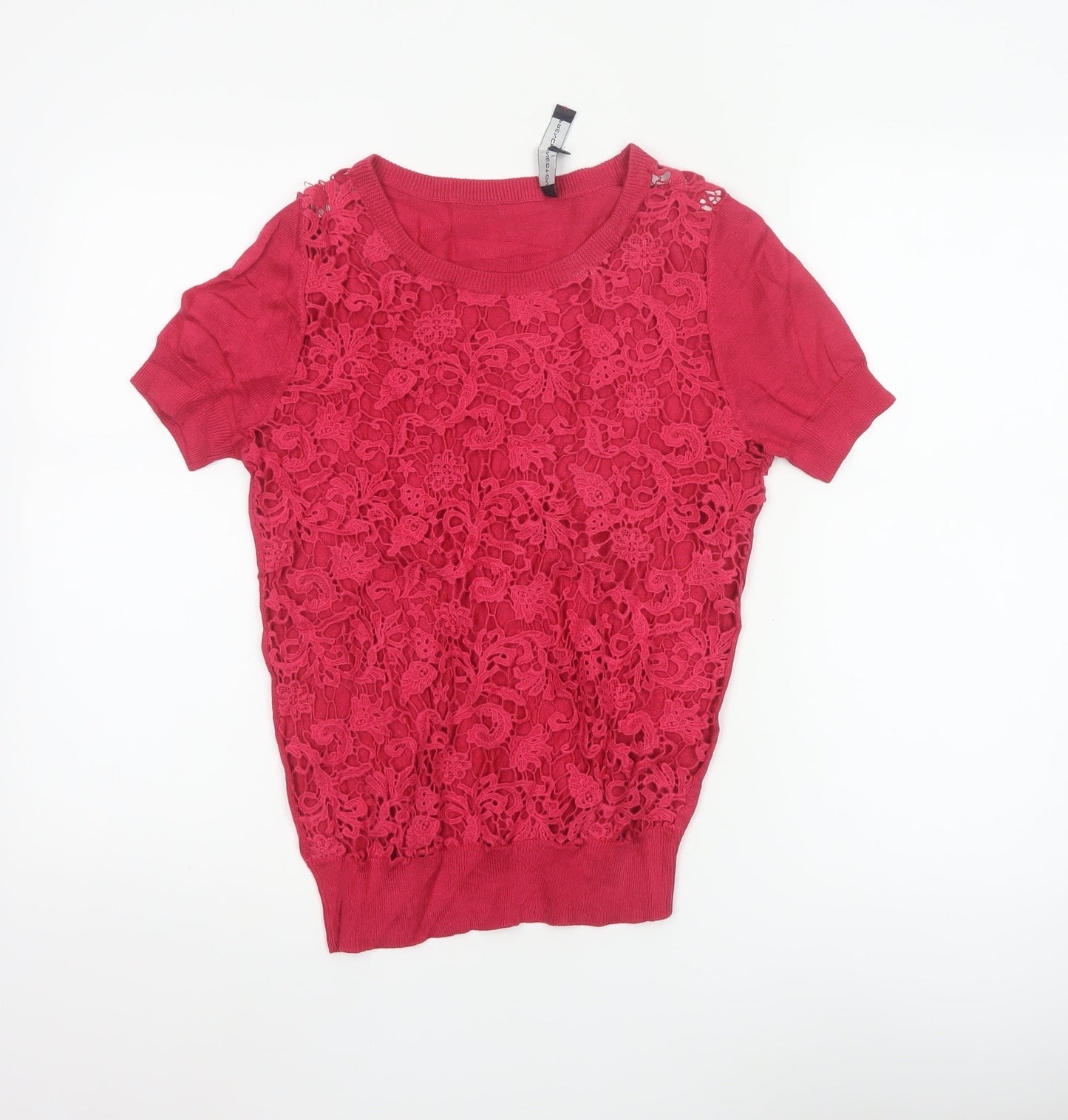 French Connection Women's Red Lace Knit Short Sleeve Top Size S