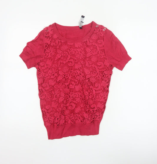 French Connection Women's Red Lace Knit Short Sleeve Top Size S