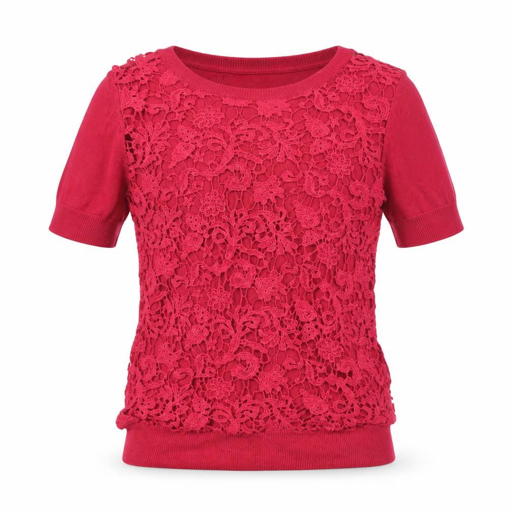 French Connection Women's Red Lace Knit Short Sleeve Top Size S