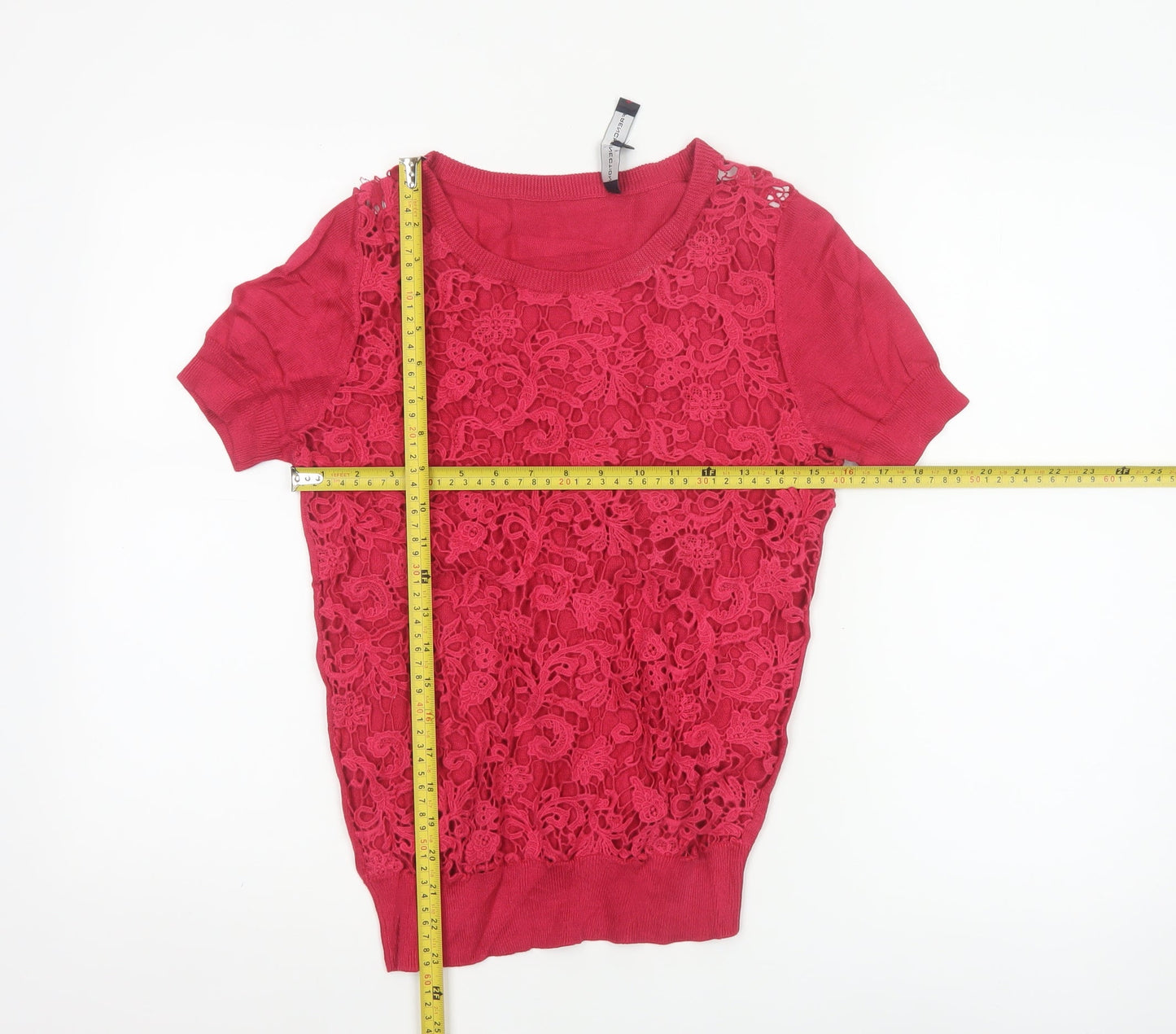 French Connection Women's Red Lace Knit Short Sleeve Top Size S