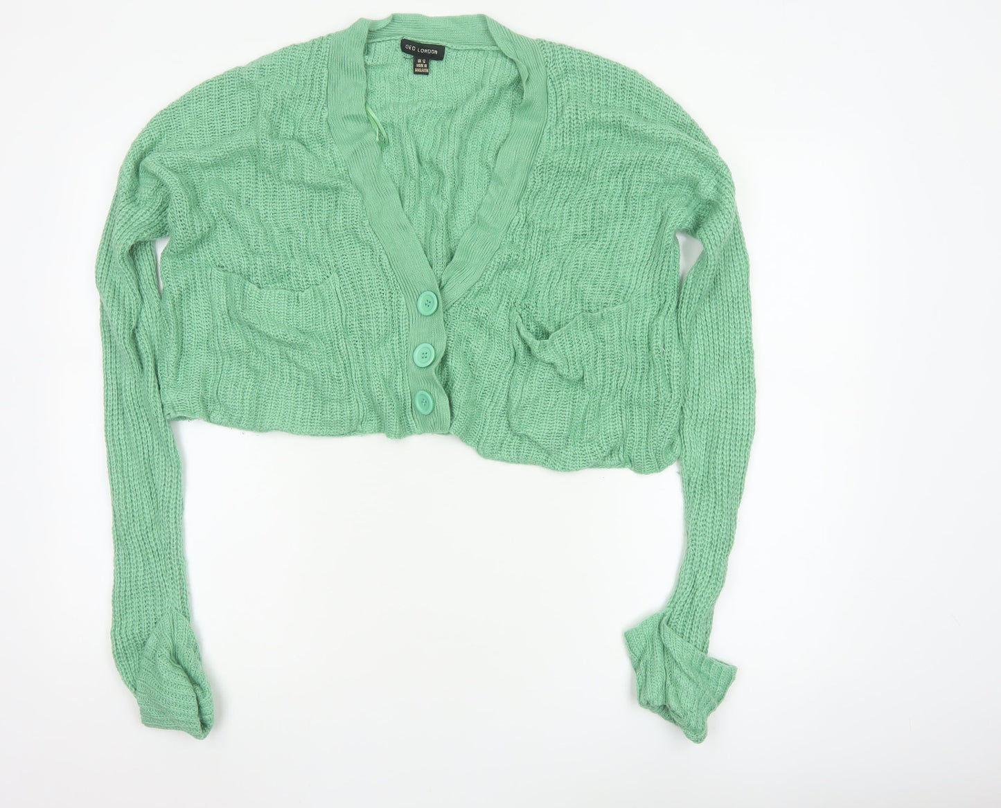 QED London Women's Green Long Sleeve Cropped Cardigan Size 12