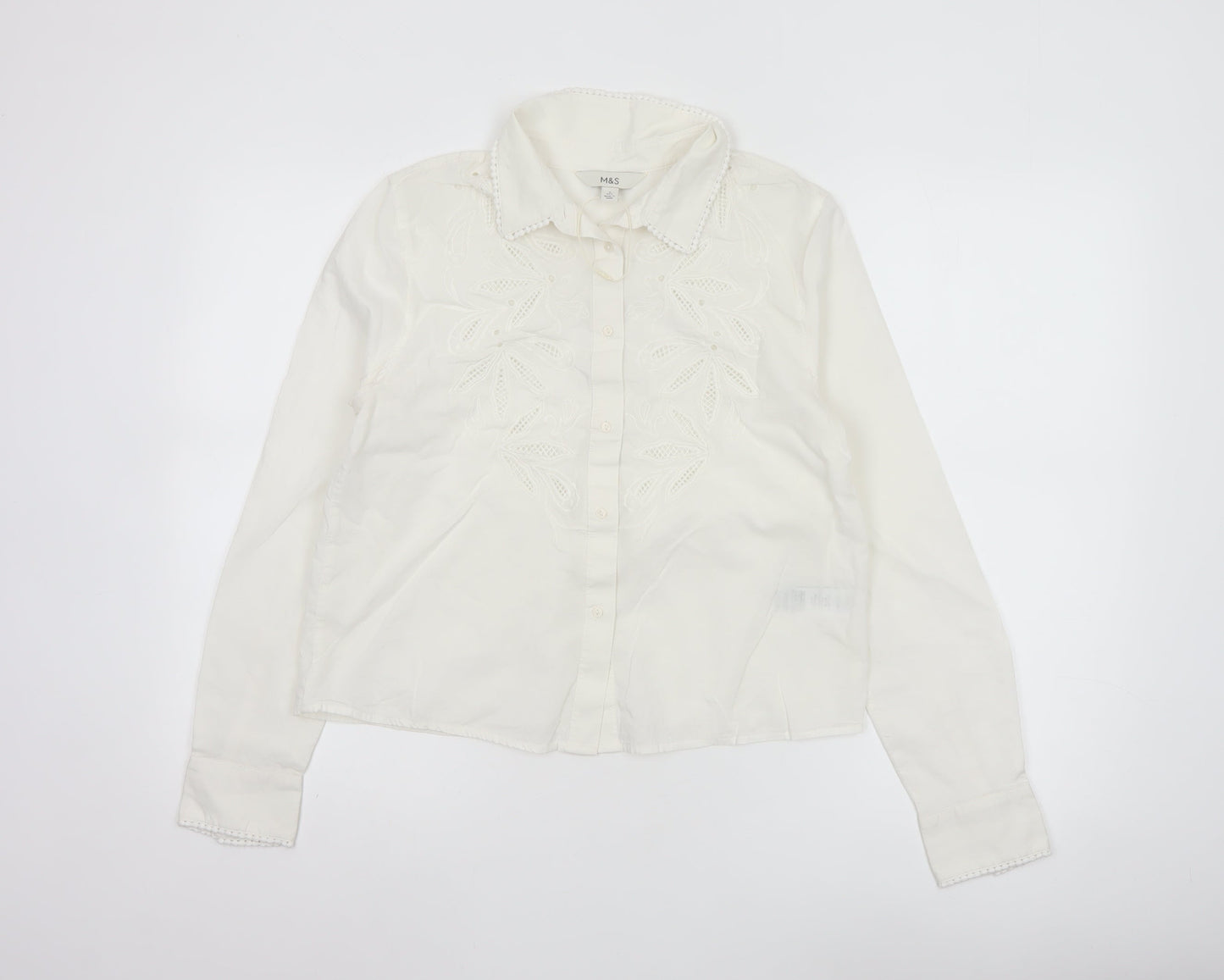 Marks and Spencer Womens White Embroidered Cotton Button-Up Blouse Size 6