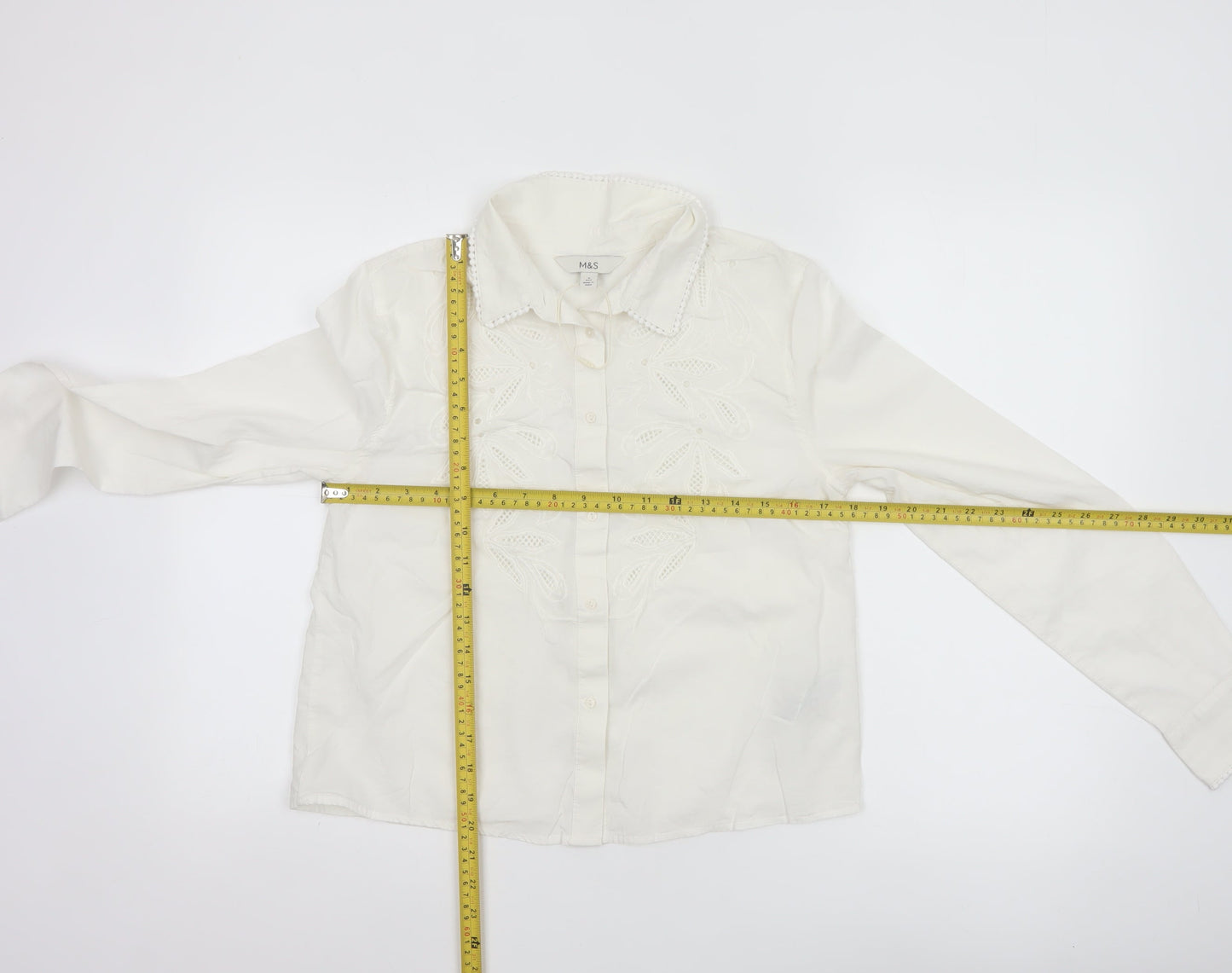 Marks and Spencer Womens White Embroidered Cotton Button-Up Blouse Size 6