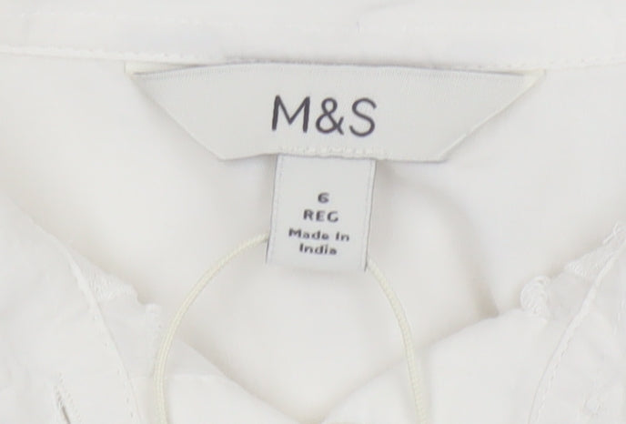 Marks and Spencer Womens White Embroidered Cotton Button-Up Blouse Size 6