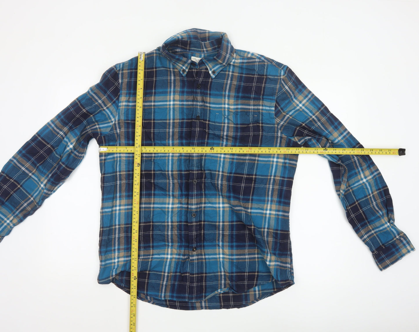Marks and Spencer Men's Blue Plaid Cotton Flannel Shirt L Long Sleeve