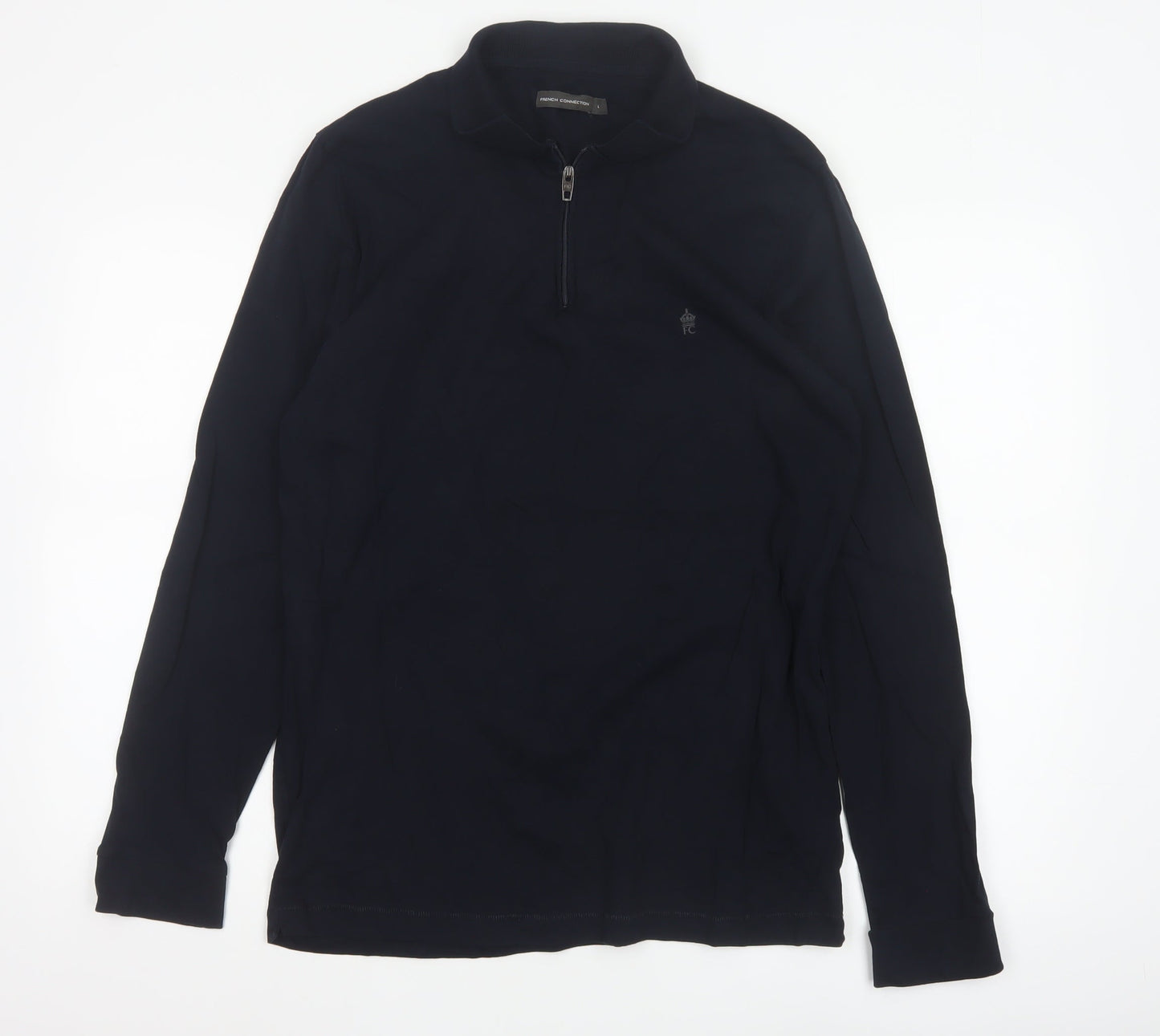 French Connection Men's Black Long Sleeve 1/4 Zip Cotton Polo L