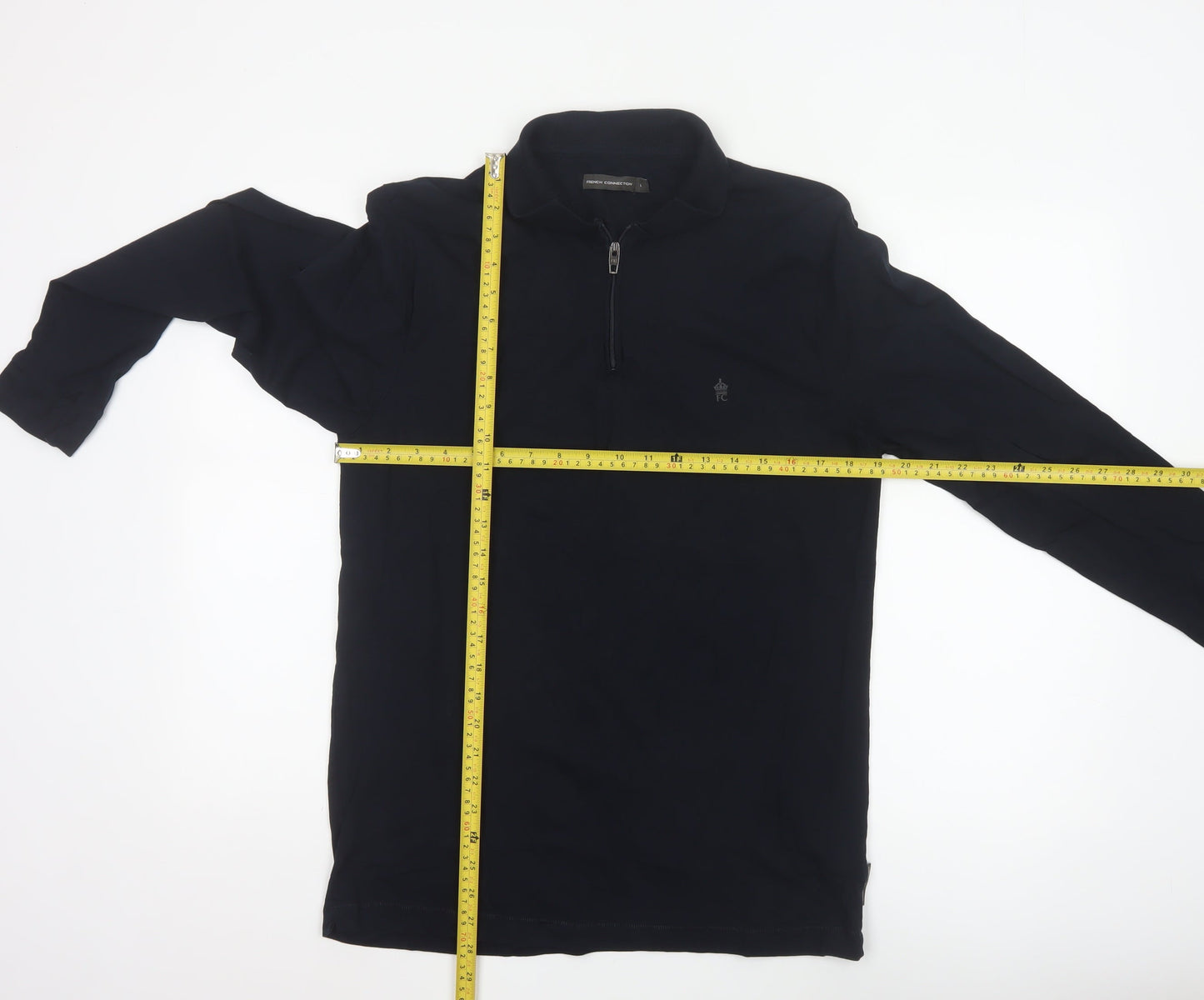 French Connection Men's Black Long Sleeve 1/4 Zip Cotton Polo L