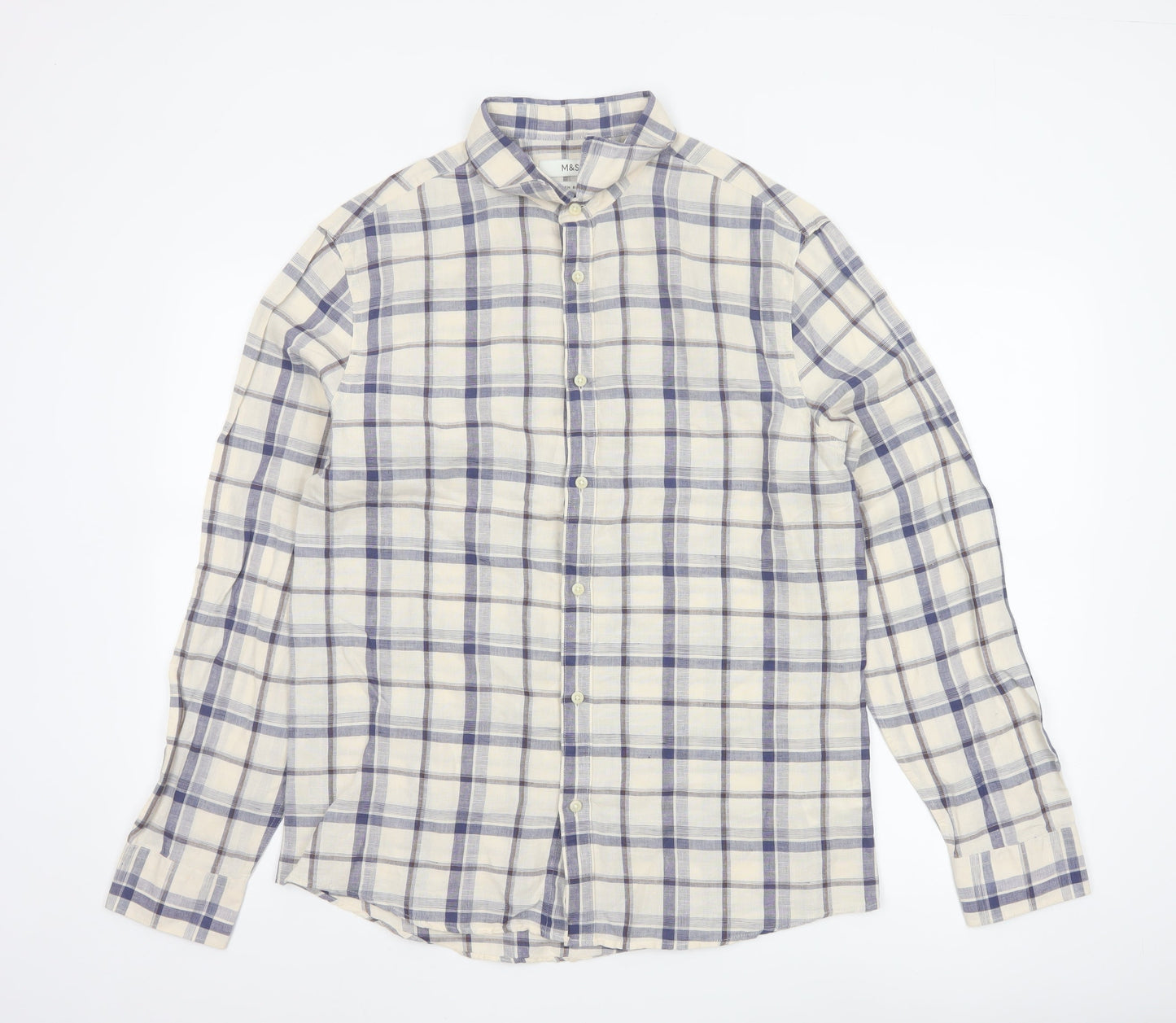 Marks and Spencer Men's Blue Check Linen Blend Regular Fit Shirt M