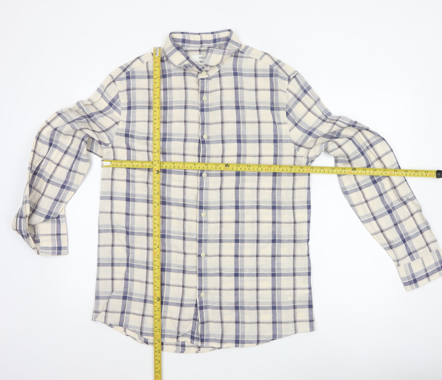Marks and Spencer Men's Blue Check Linen Blend Regular Fit Shirt M
