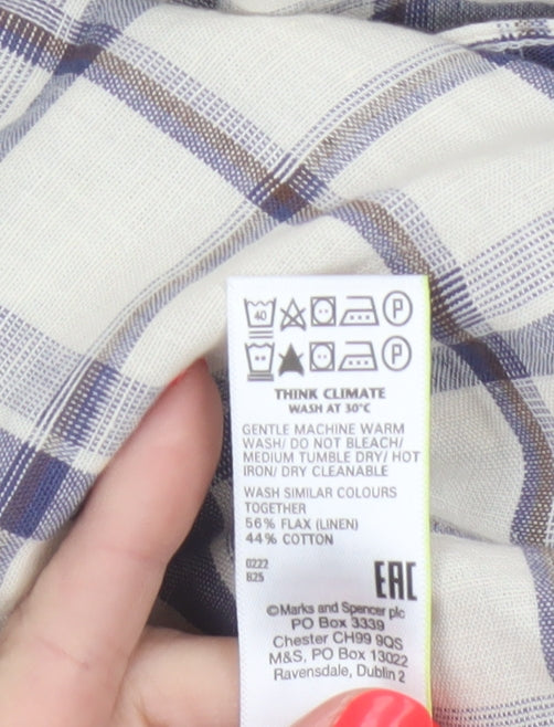 Marks and Spencer Men's Blue Check Linen Blend Regular Fit Shirt M