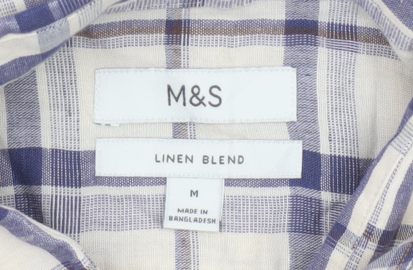 Marks and Spencer Men's Blue Check Linen Blend Regular Fit Shirt M