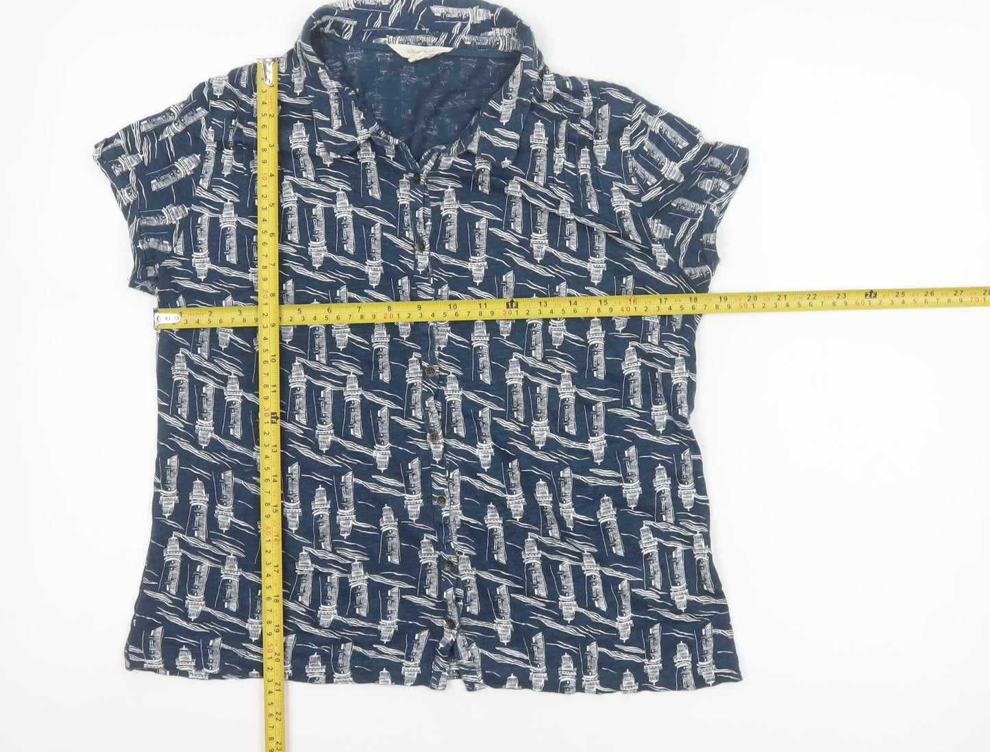 White Stuff Women's Navy Lighthouse Print Linen Button-Up Shirt UK 12