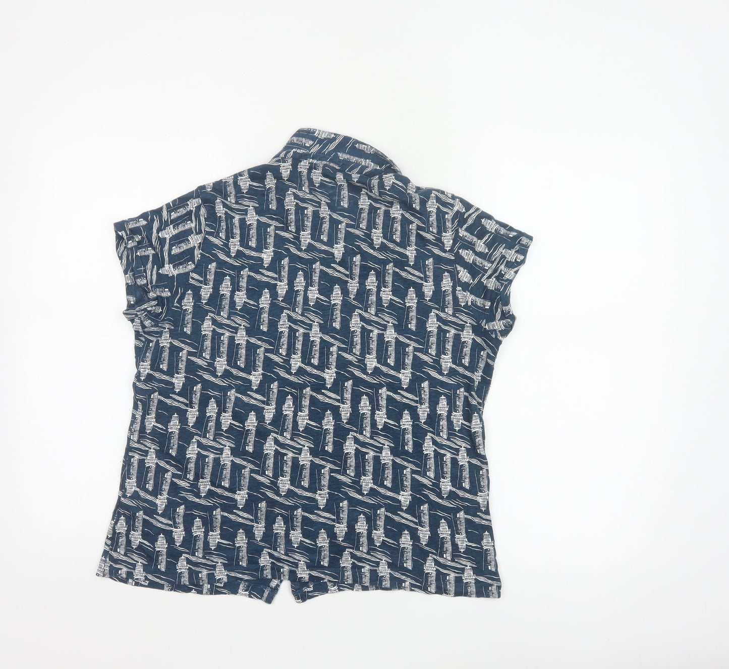 White Stuff Women's Navy Lighthouse Print Linen Button-Up Shirt UK 12