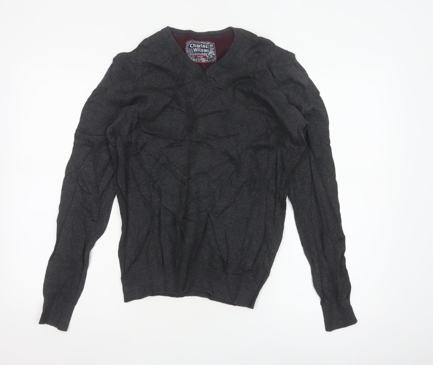 Charles Wilson Men's Grey Cotton V-Neck Jumper Small