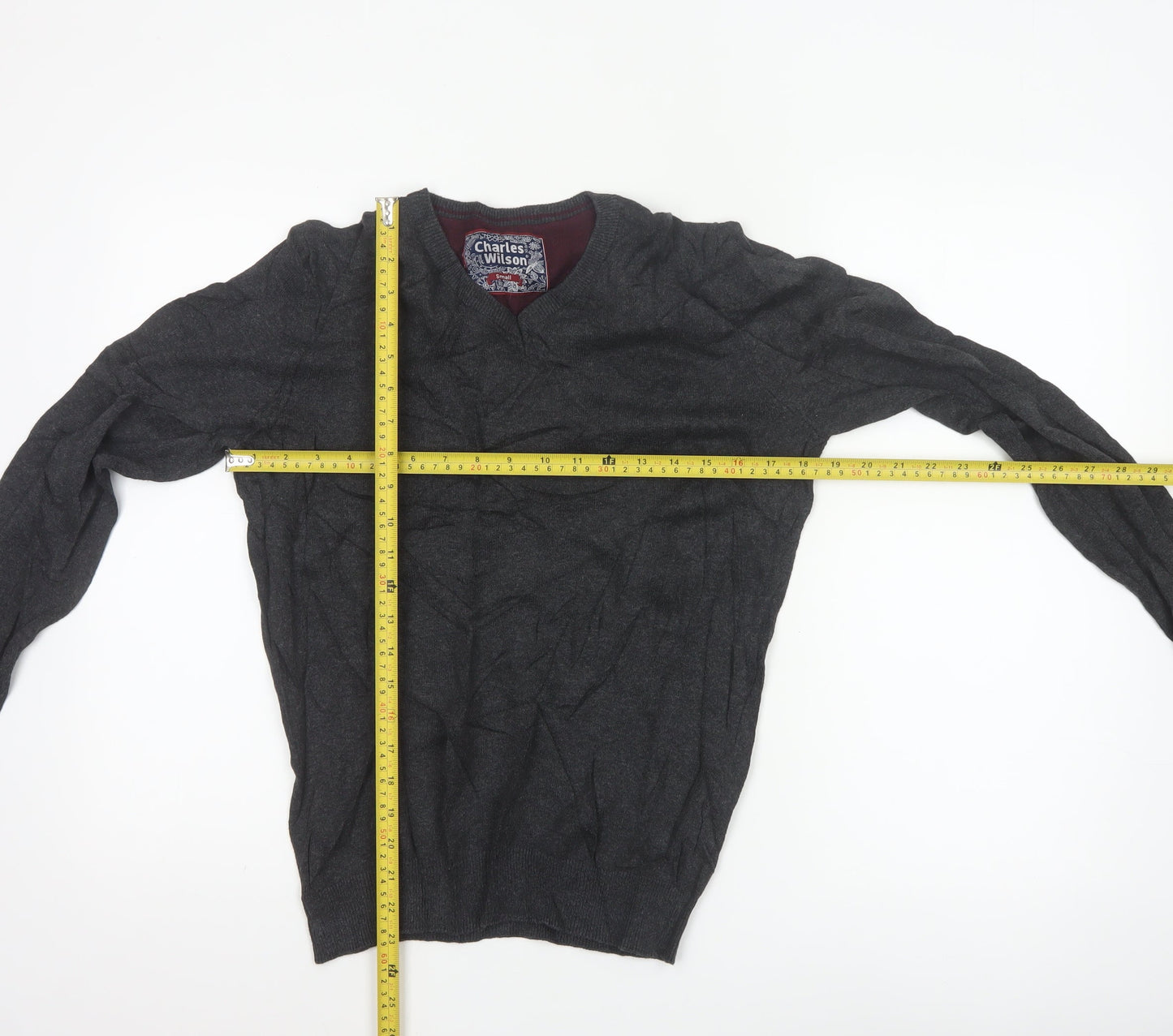 Charles Wilson Men's Grey Cotton V-Neck Jumper Small