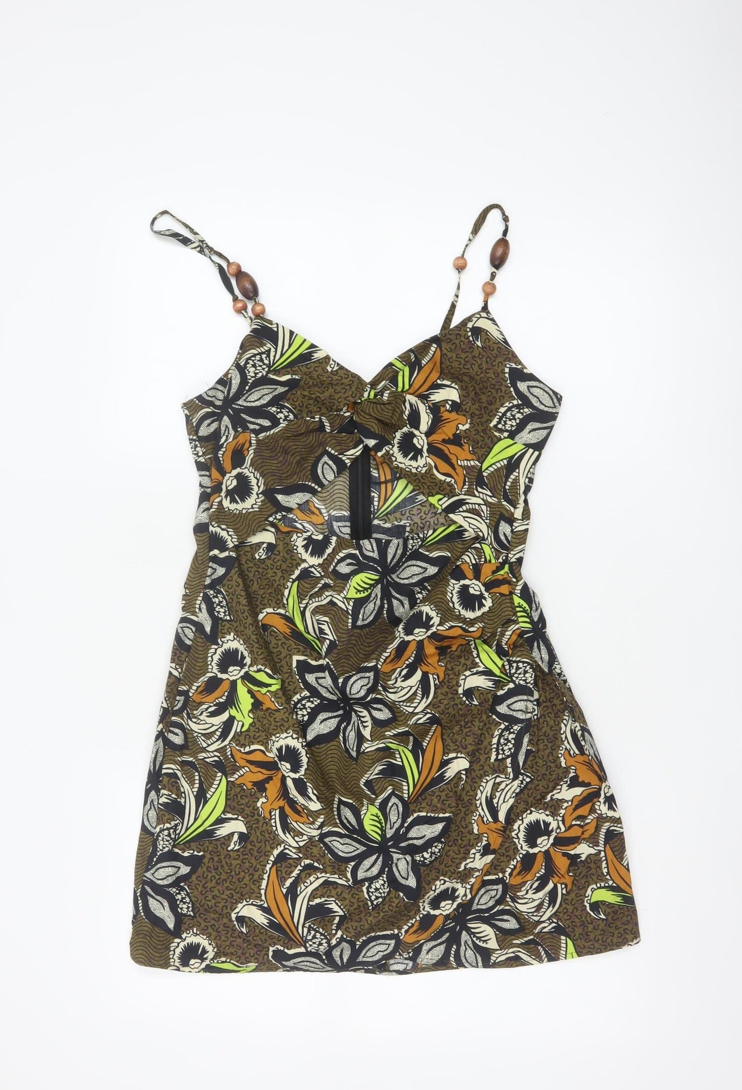 Zara Women Brown Floral Beaded Strap Slip Dress Size 12