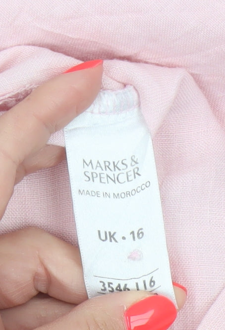 Marks and Spencer Women's Pink Linen Short Sleeve Button-Up Shirt UK 16