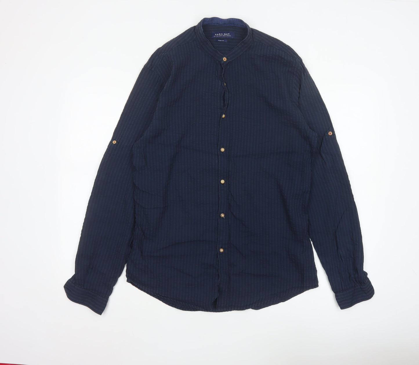 Zara Man Blue Slim Fit Band Collar Cotton Modal Shirt Size L