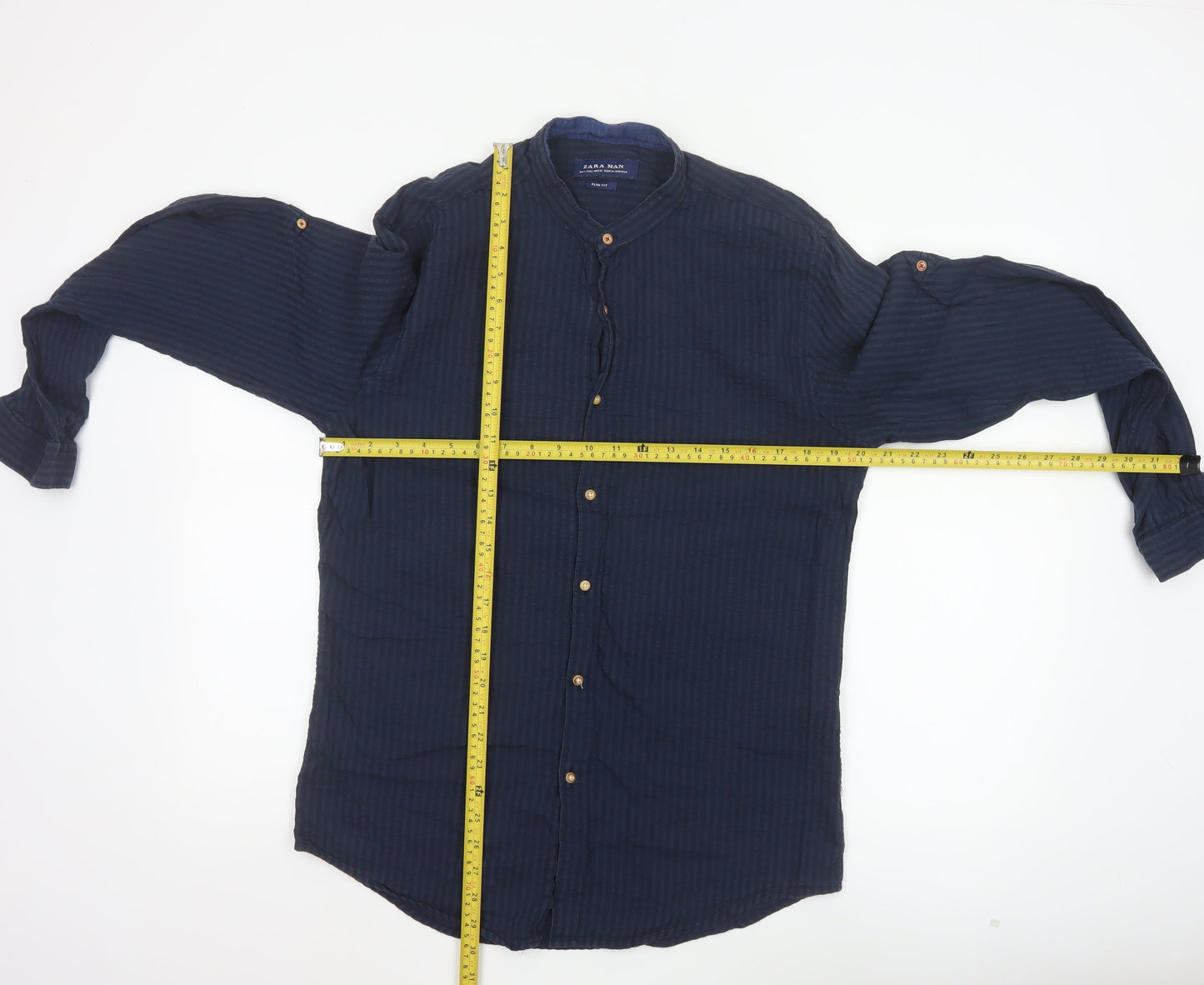 Zara Man Blue Slim Fit Band Collar Cotton Modal Shirt Size L