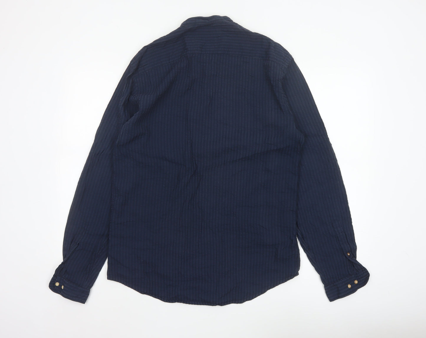 Zara Man Blue Slim Fit Band Collar Cotton Modal Shirt Size L