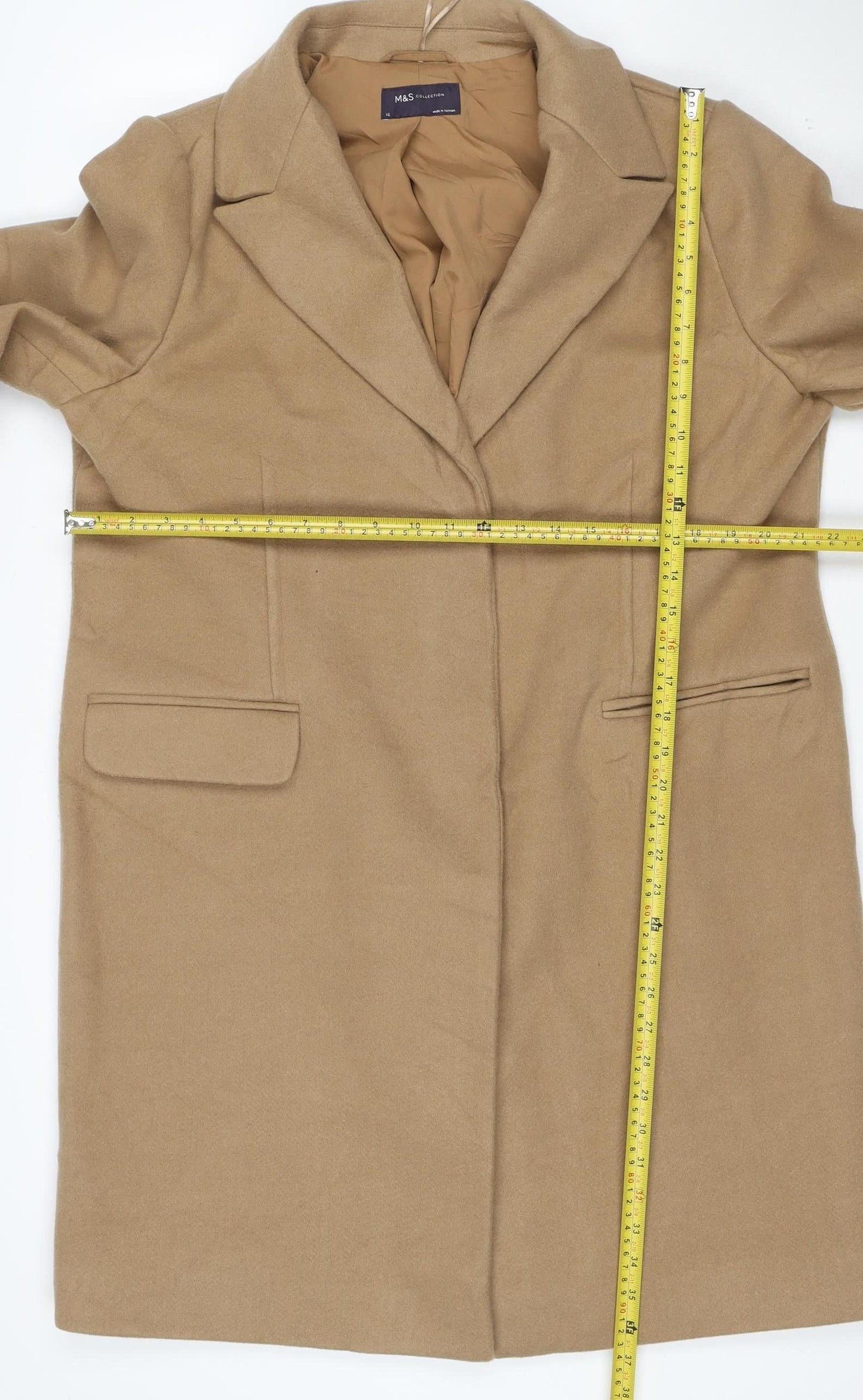 Marks and Spencer Women Beige Size 16 Long Coat Lined Wool Blend Classic Style