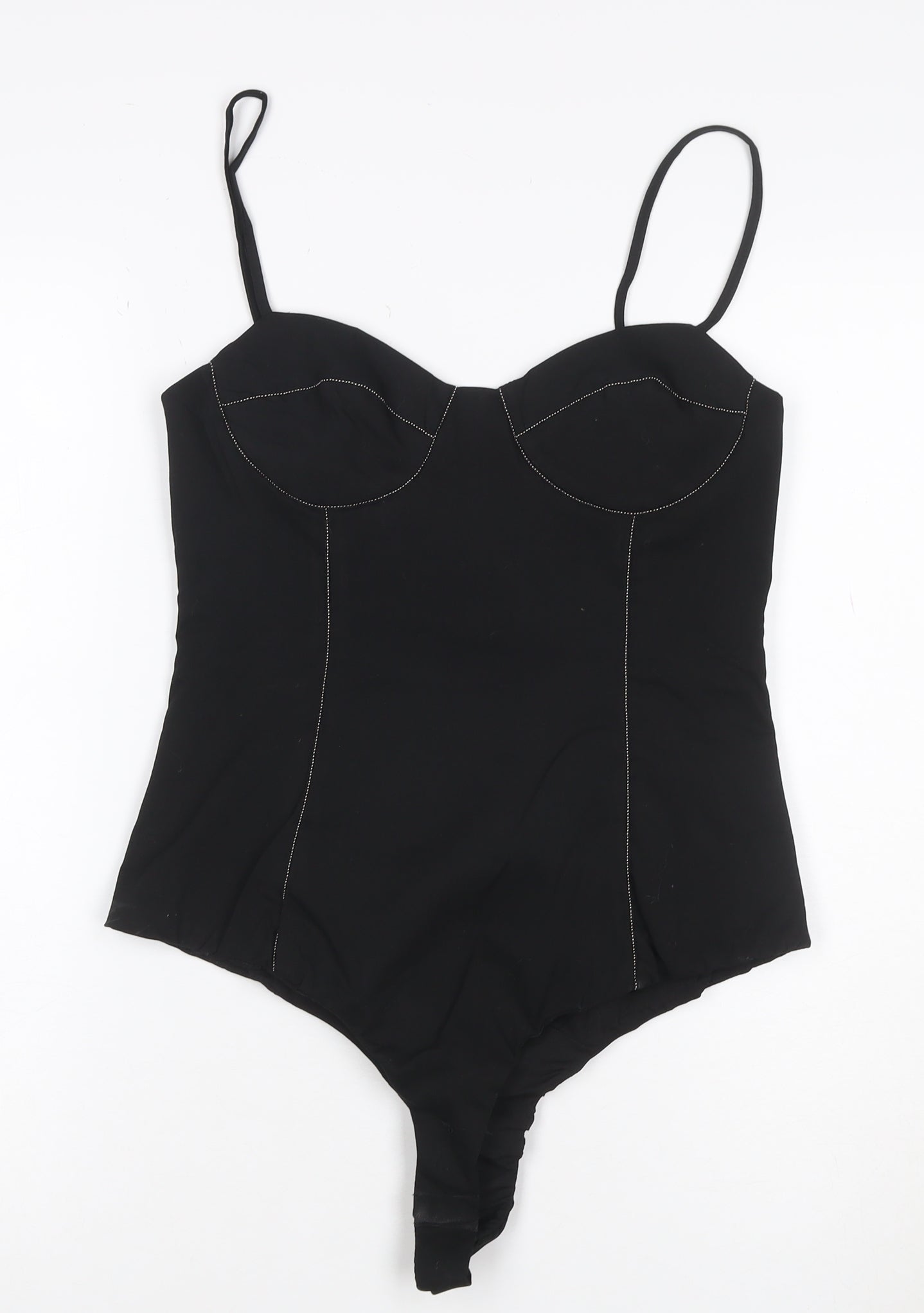 ZARA Women Black Bodysuit Jumpsuit Size 12 Satin Finish
