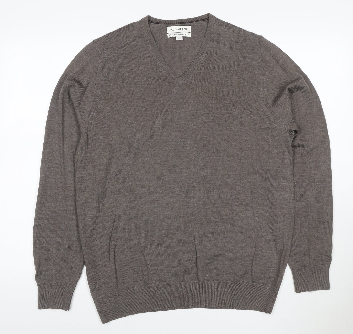 Marks and Spencer Men's Brown Merino Wool V-Neck Jumper L