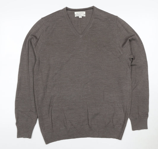Marks and Spencer Men's Brown Merino Wool V-Neck Jumper L