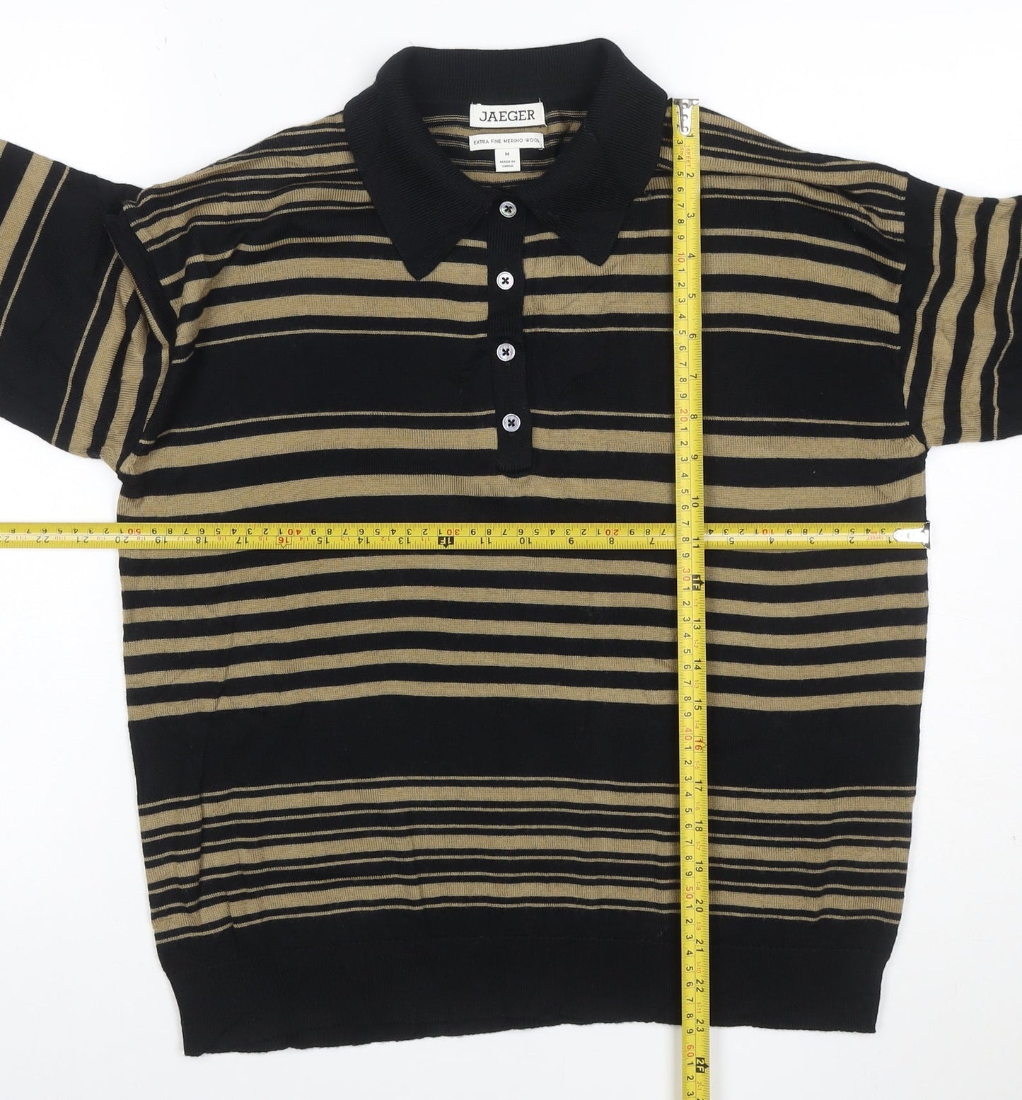 Jaeger Mens Black Striped Collared Merino Wool Henley Jumper M