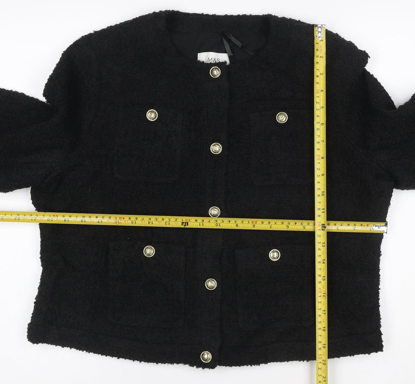 Marks and Spencer Women's Black Tweed Short Button Jacket Size 14
