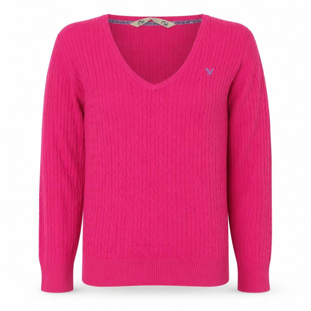 Crew Clothing Women's Pink V-Neck Cotton Cable Knit Jumper Size 16