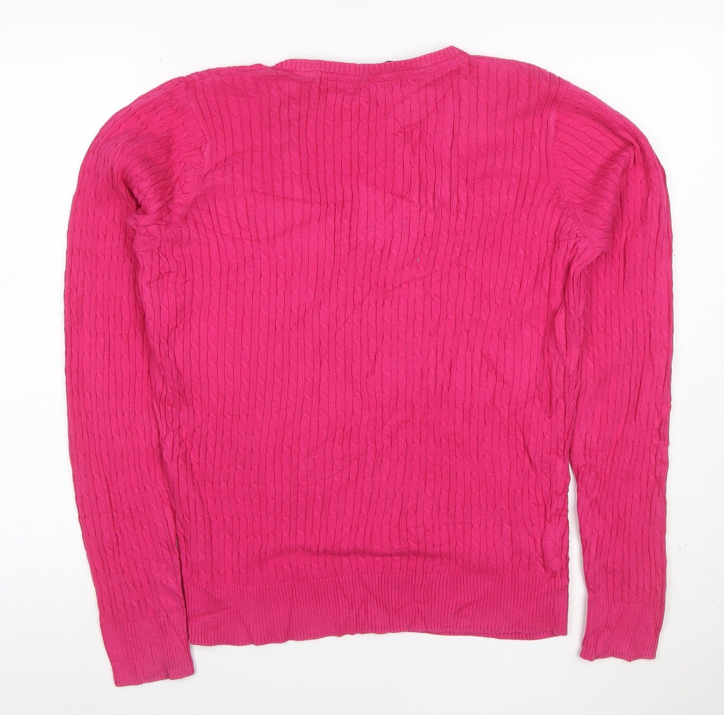 Crew Clothing Co. Women's Pink V-Neck Cotton Cable Knit Jumper Size 16