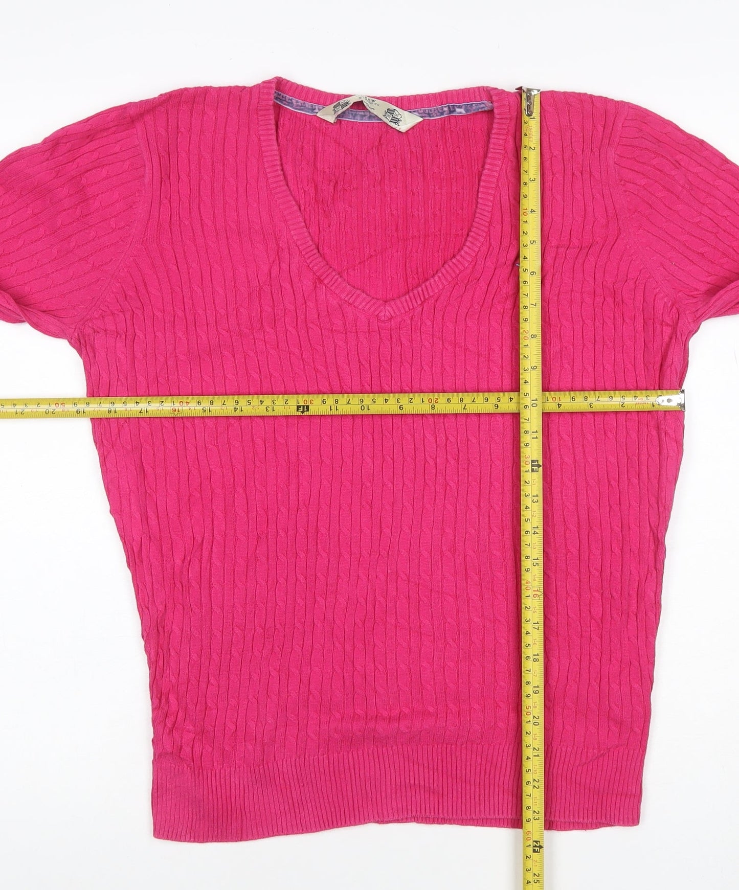 Crew Clothing Co. Women's Pink V-Neck Cotton Cable Knit Jumper Size 16