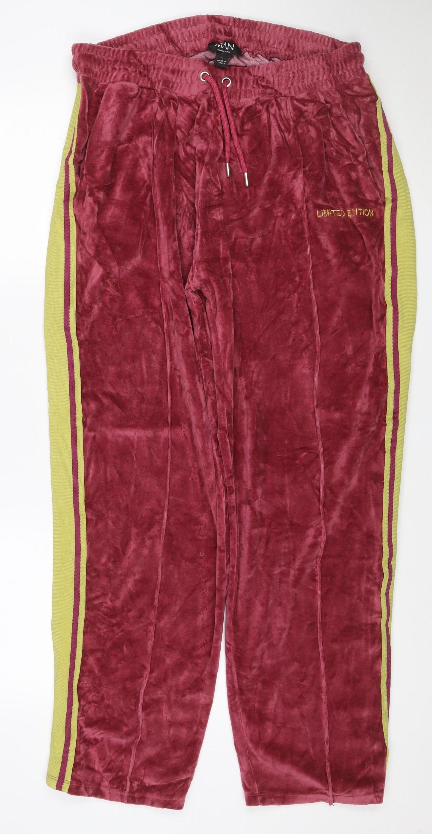 boohooMAN Men's Red Velour Track Pants L Side Stripe Elastic Waist