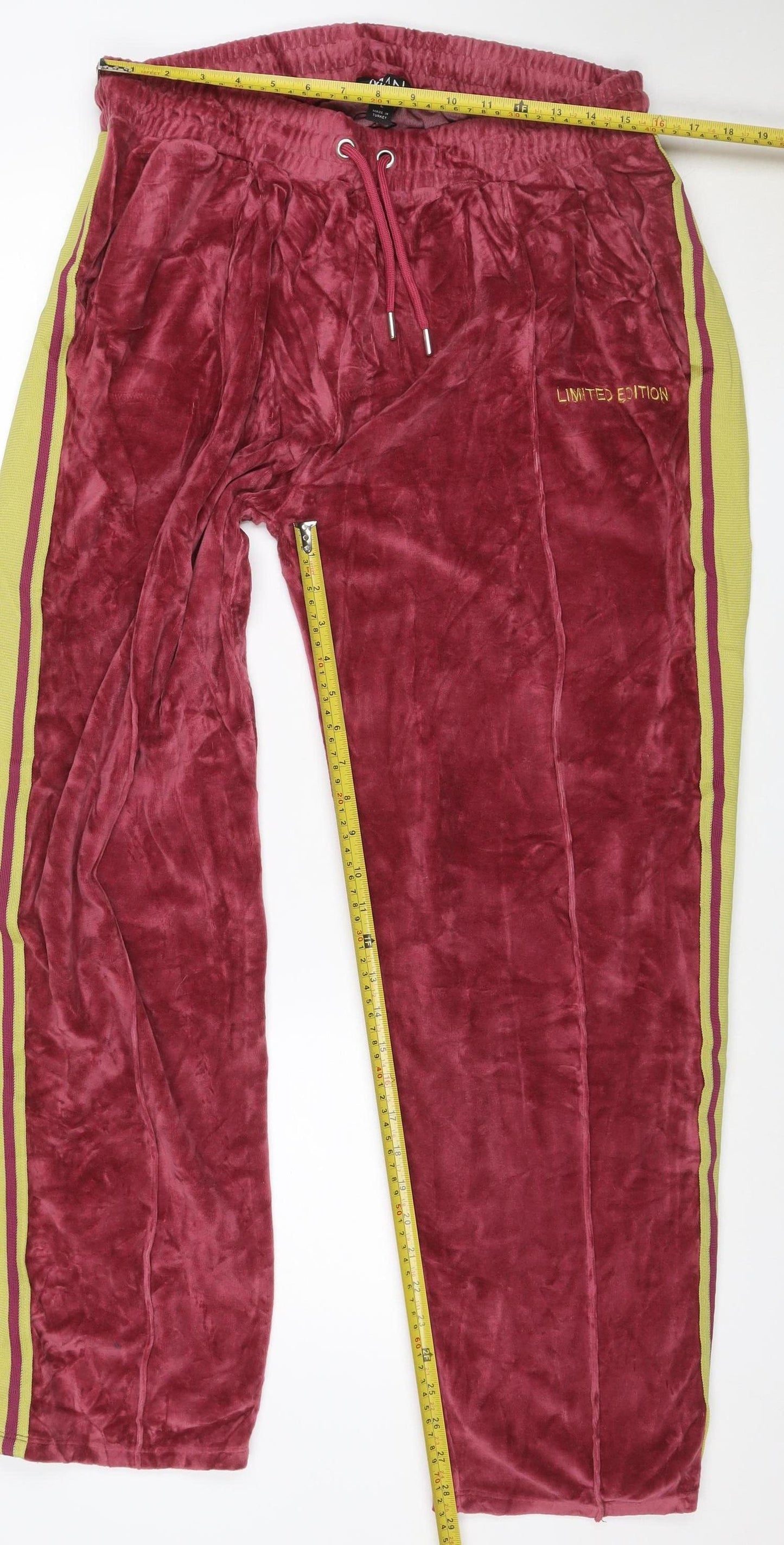 boohooMAN Men's Red Velour Track Pants L Side Stripe Elastic Waist