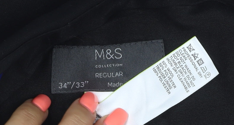 Marks and Spencer Men's Black 34R Wool Blend Regular Fit Dress Trousers