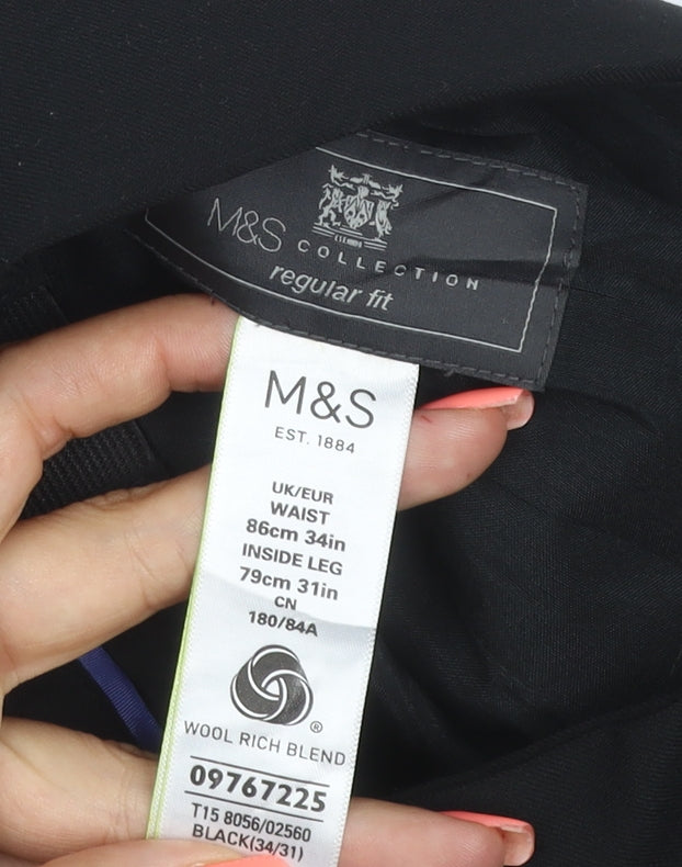 Marks and Spencer Men's Black Wool Blend Regular Fit Dress Pants 34W 31L
