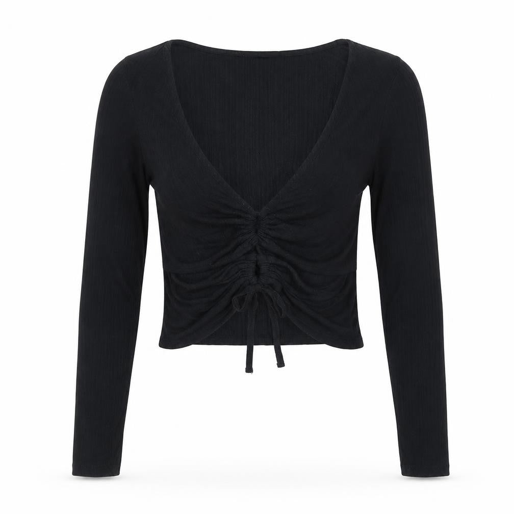 Urban Outfitters Women’s Black Cropped Long Sleeve Ruched V-Neck Top L
