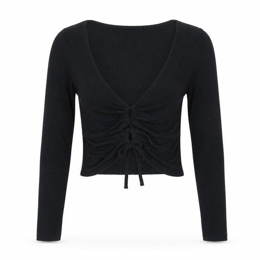 Urban Outfitters Women’s Black Cropped Long Sleeve Ruched V-Neck Top L