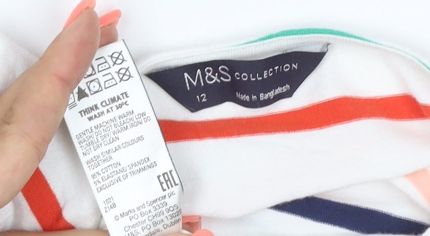 Marks and Spencer Women’s Multicoloured Striped 3/4 Sleeve Cotton T-Shirt Size 12
