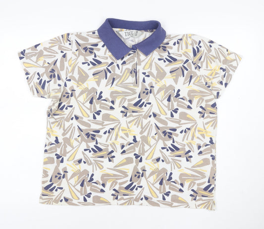 TIGI Wear Men's Beige Blue Patterned Short Sleeve Collared T-Shirt Size L Cotton Blend