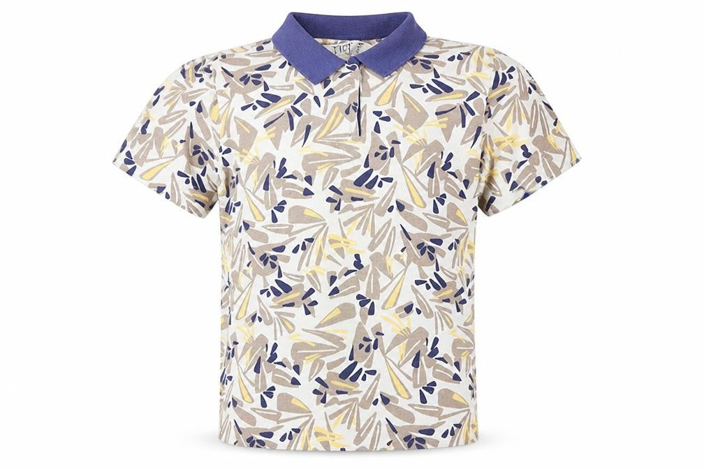 TIGI Men's Beige Blue Patterned Short Sleeve Collared T-Shirt Size L Cotton Blend