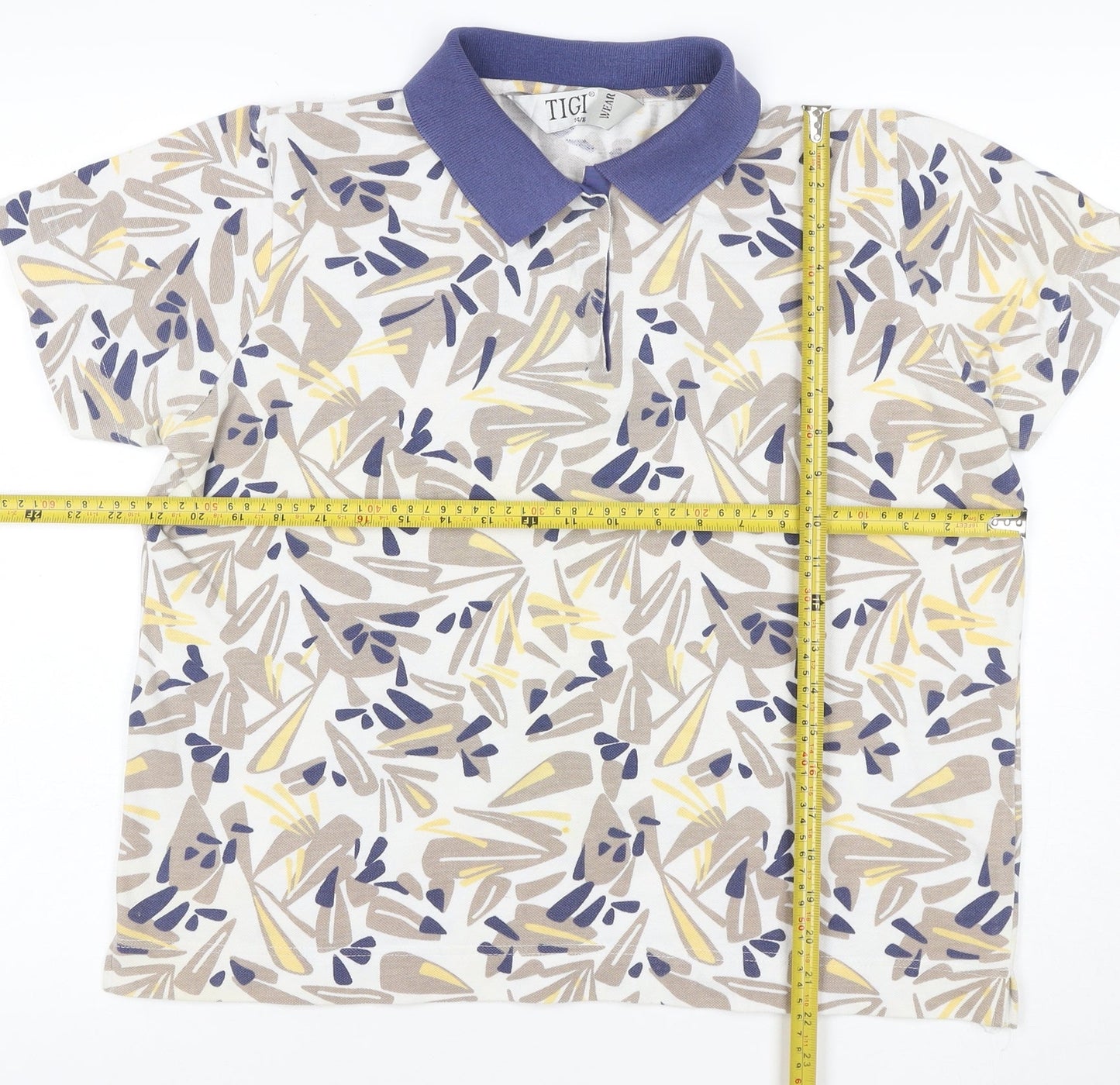TIGI Wear Men's Beige Blue Patterned Short Sleeve Collared T-Shirt Size L Cotton Blend