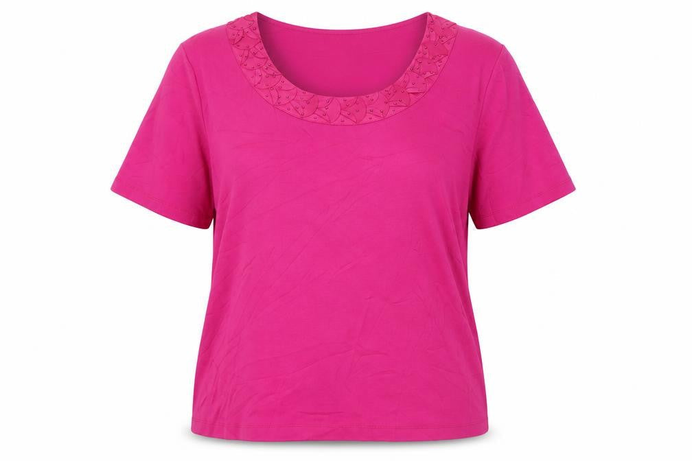 Country Casuals Petite Women's Pink Beaded Scoop Neck Cotton T-Shirt XL