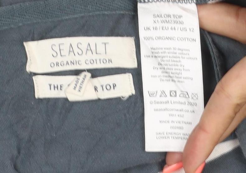 Seasalt Women Blue Striped 3/4 Sleeve Organic Cotton T-Shirt XL