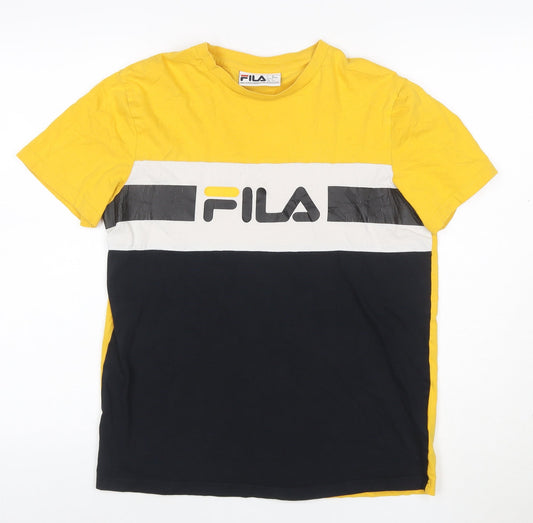 Fila Womens Yellow Colourblock Logo Cotton T-Shirt Size S