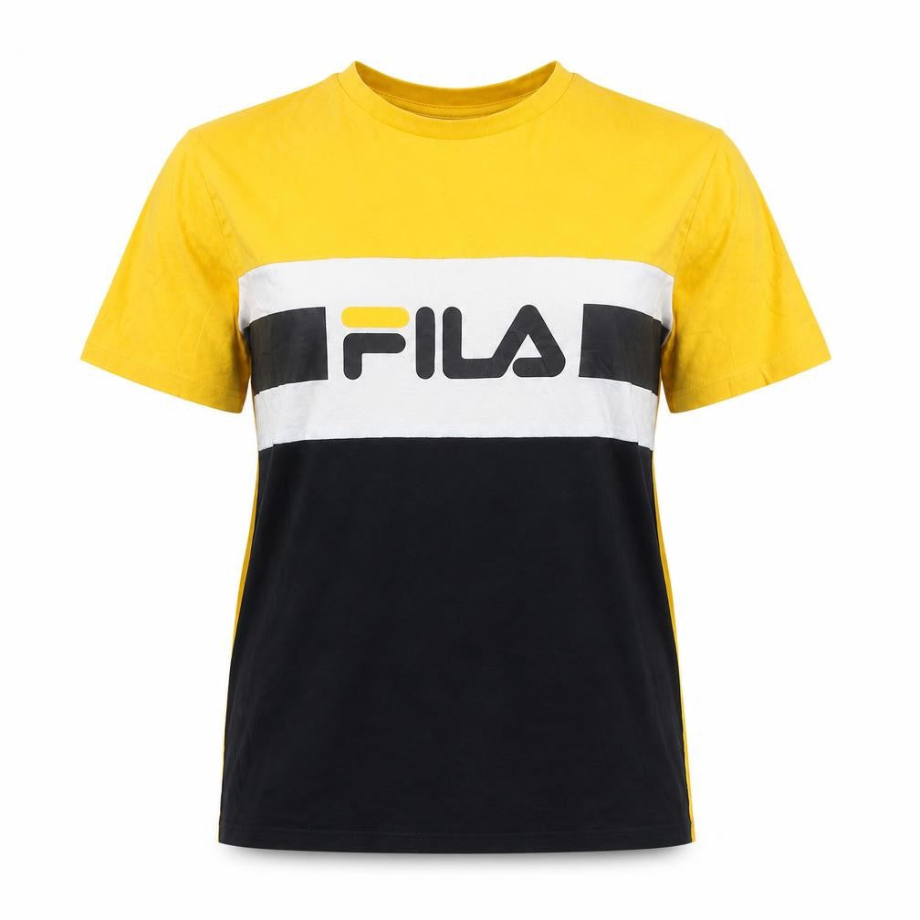 Fila Womens Yellow Colourblock Logo Cotton T-Shirt Size S