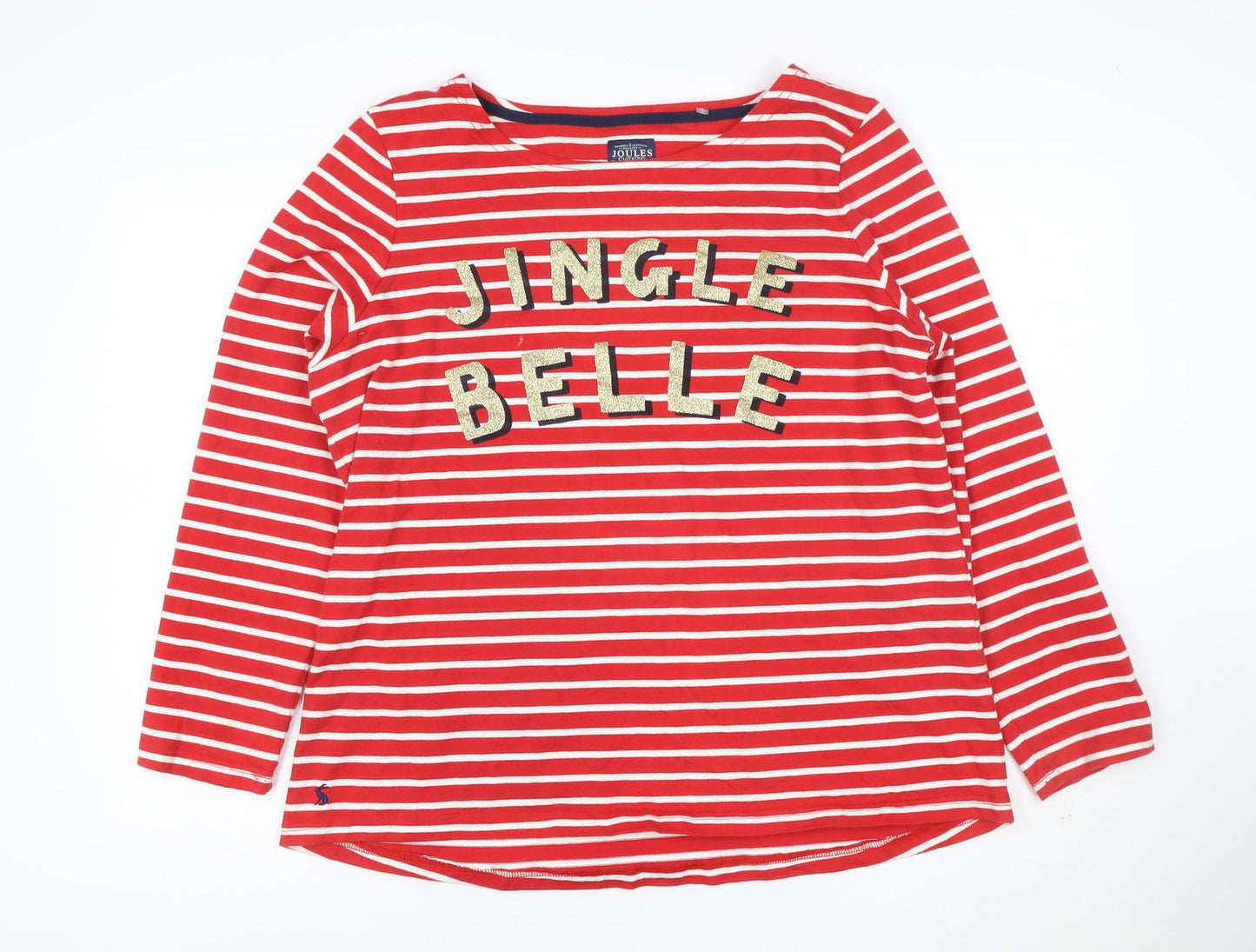 Joules Women's Red Striped Sequin Christmas Long Sleeve Cotton Top Size 14