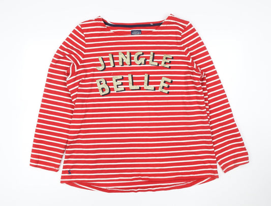 Joules Women's Red Striped Sequin Christmas Long Sleeve Cotton Top Size 14